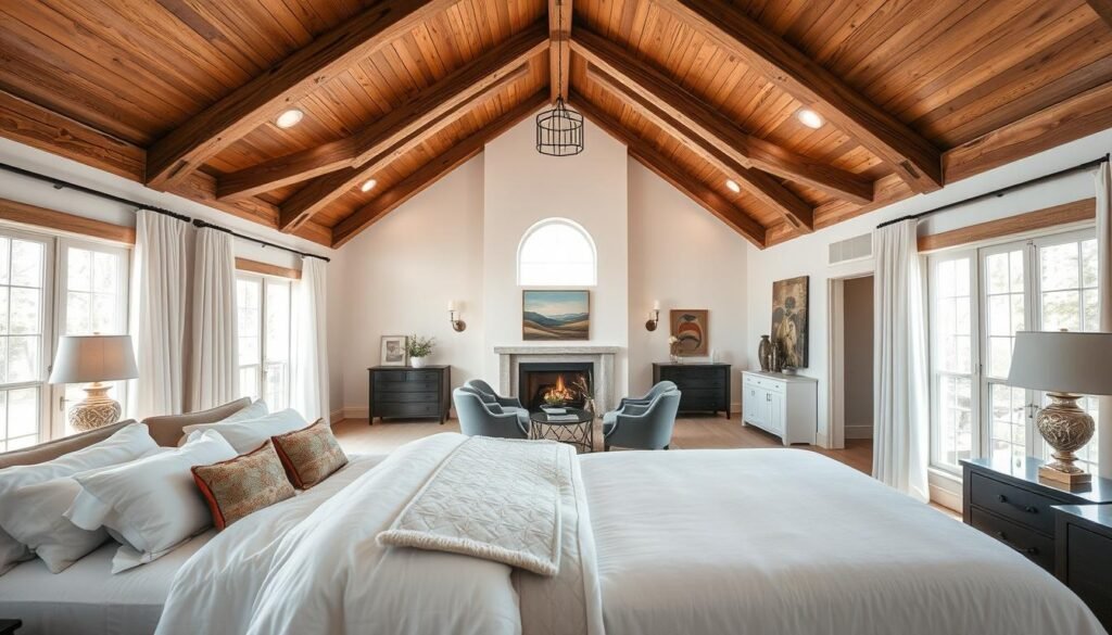 A spacious master bedroom featuring a stunning cathedral ceiling, with exposed wooden beams adding a rustic charm. The room is filled with bright natural light streaming through large windows, casting soft shadows. In the foreground, a cozy king-size bed with fluffy white linens and decorative throw pillows invites warmth. A carefully arranged seating area with two elegant armchairs and a small round table sits in the middle, accentuated by a plush area rug that adds comfort. In the background, the high walls showcase tasteful artwork and warm, earthy colors, enhancing the serene atmosphere. The overall mood is light and airy, evoking a sense of tranquility and comfort without heaviness. Lens focus on the architectural details, capturing the elegance and inviting ambiance of the space.