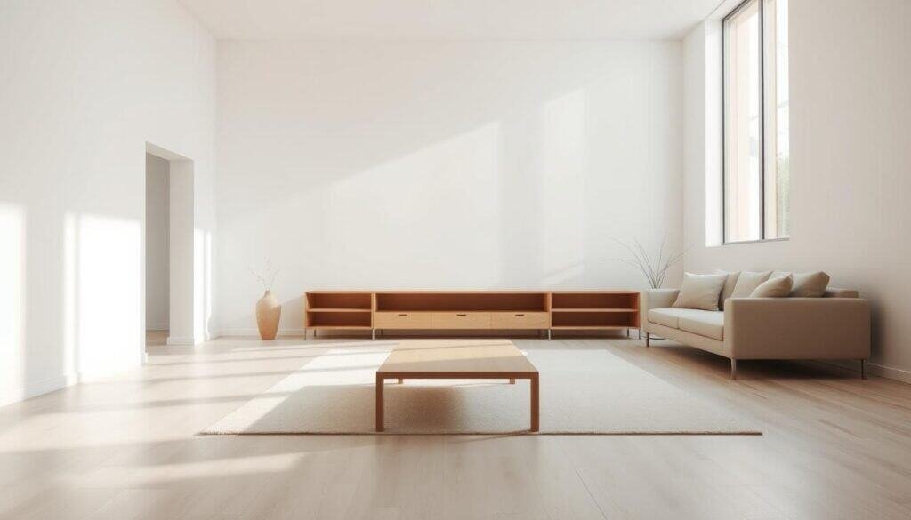 A spacious, minimalist living room emphasizing bare surfaces and echoey corners. In the foreground, there are simple wooden furniture pieces, such as an unadorned coffee table and a sleek sofa with solid, neutral-colored cushions. The middle features wide, empty shelves and a large, clear area rug that is understated yet elegant. The background reveals tall, empty walls painted in soft white, with large windows allowing bright, natural sunlight to flood the room, casting gentle shadows. The scene conveys an airy and well-lit atmosphere, evoking a feeling of openness with a touch of discomfort due to the lack of decor. The overall composition highlights the starkness of the space, focusing on the interplay of light and emptiness.