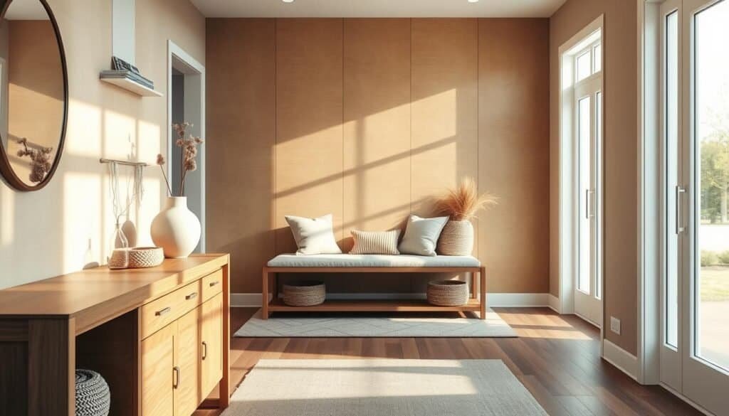 A spacious, modern hallway that captures the essence of comfort and depth without chaos. In the foreground, feature a beautiful wooden console table adorned with texture-rich decor items like a ceramic vase and woven baskets. The middle ground showcases a sleek, minimalist bench with plush cushions, surrounded by textured wall panels in warm earth tones. In the background, large windows invite soft, natural light, illuminating the space and creating a bright, airy atmosphere. The flooring is mixed hardwood with a subtle area rug that adds warmth. The scene conveys a serene, welcoming mood, with the sunlight casting gentle shadows that enhance the textural elements of the hallway. Use a wide-angle lens to capture the full depth and warmth of the space.