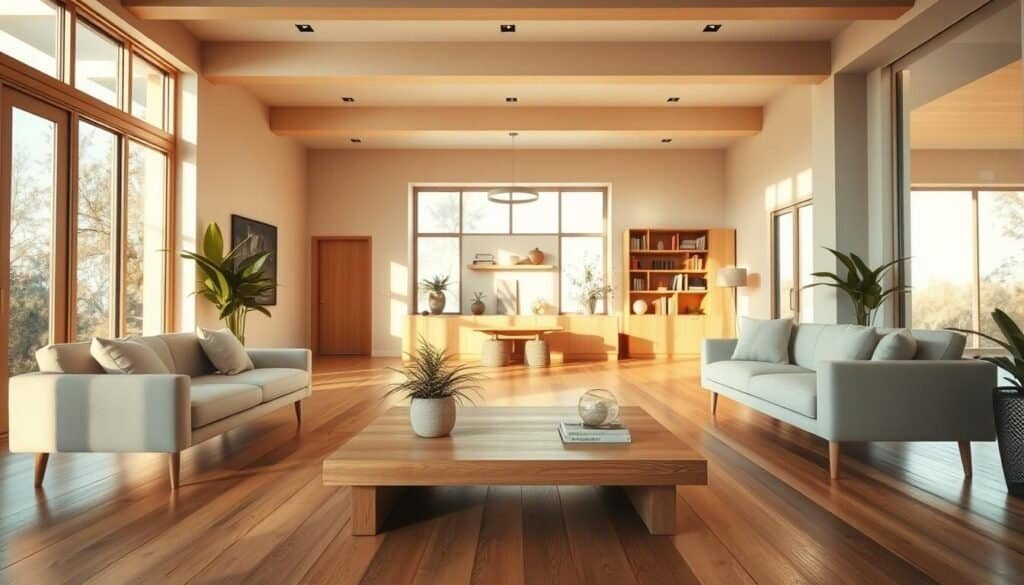 A spacious modern living room bathed in warm, natural light, showcasing clean lines and open spaces. In the foreground, a stylish, minimalist coffee table made of light wood, surrounded by elegant, comfortable seating in soft neutral tones. In the middle, large floor-to-ceiling windows allow sunlight to flood the room, illuminating plants and decorative elements that evoke tranquility. Ambient light creates soft shadows, enhancing the depth of the wooden flooring. In the background, a cozy nook features a bookshelf with carefully curated books and décor, all arranged harmoniously. The atmosphere is inviting and peaceful, reflecting the warmth that comes from structural design. Capture the scene with a wide-angle lens to emphasize the openness and airy feeling of the space, with a soft focus that highlights the inviting ambiance.