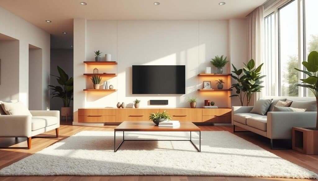 A spacious modern living room featuring a sleek TV wall, with a minimalist aesthetic. In the foreground, a cozy, soft-textured area rug anchors the space, while a low, contemporary coffee table rests atop it. The middle ground showcases a mounted flat-screen TV surrounded by built-in shelves displaying tasteful décor and plants, illuminated by warm natural light streaming in through large windows. The background features light-colored walls and a stylish, airy feel complemented by indoor greenery. Utilize soft sunlight to create a welcoming atmosphere, capturing an inviting and relaxed mood. Ensure the composition is bright and well-lit, portraying a perfectly organized and inviting space, ideal for first impressions.