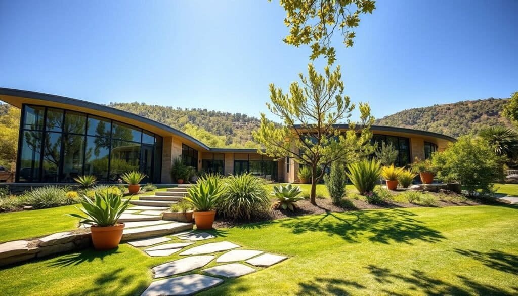 A stunning modern home seamlessly integrated into a lush green landscape, showcasing large glass windows reflecting the surrounding trees and hills. In the foreground, a natural stone pathway leads to a welcoming entrance adorned with potted plants and wooden accents. The middle ground features the house, characterized by smooth curves and earthy tones, blending harmoniously with the environment. In the background, gentle rolling hills and vibrant foliage create a serene backdrop under a bright blue sky, with soft sunlight filtering through the leaves, casting dappled shadows. The scene conveys a sense of calm and tranquility, highlighting the synergy between architecture and nature. Captured in a wide-angle perspective to emphasize depth, with a focus on the play of light and natural materials, evoking a grounded and livable atmosphere.