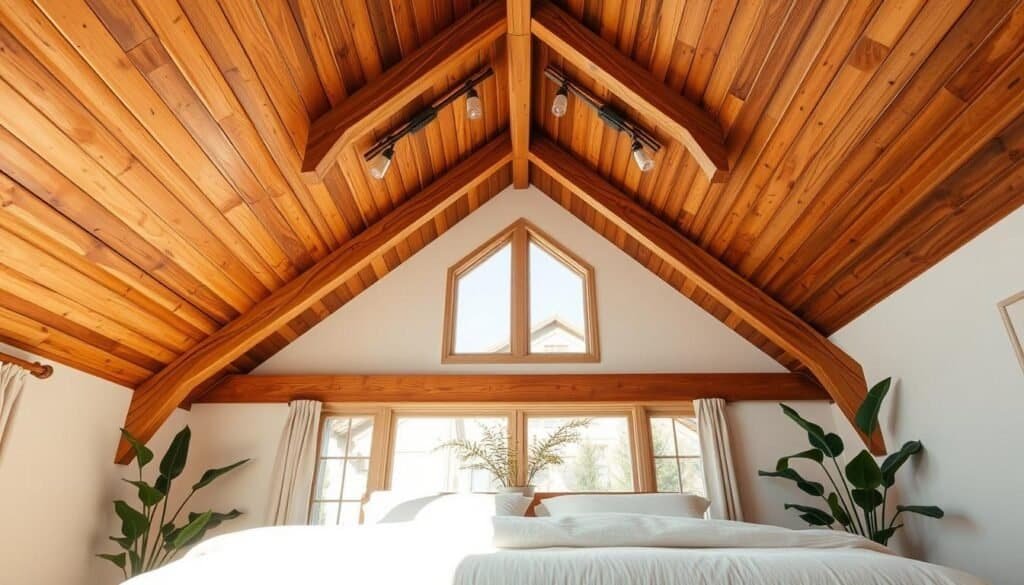A stunning vaulted bedroom featuring natural wooden ceiling treatments, showcasing elegant beams and warm wood tones. The foreground includes a cozy bed adorned with soft, neutral linens, placed under the wooden structure. In the middle, soft sunlight filters through large windows, casting gentle shadows that enhance the texture of the wood. Decorative plants add a touch of greenery, promoting tranquility. The background reveals a serene, airy atmosphere, with light walls complementing the richness of the wooden accents. Capture the room from a slight angle to emphasize the height of the ceiling and depth of space. The lighting should be bright and inviting, evoking a peaceful sanctuary. Overall, the mood is one of warmth, comfort, and natural beauty, perfect for a relaxing retreat.
