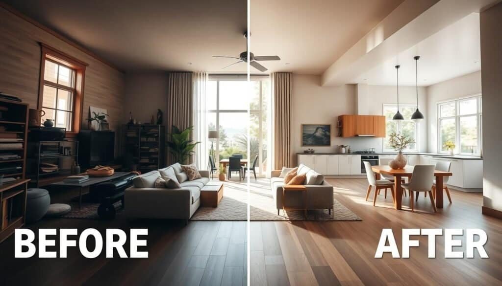 A stunning visual comparison of a home's transformation, showcasing a "before and after" perspective. In the foreground, the "before" side features a cluttered, dark living room with outdated furniture and poor lighting. The middle ground transitions to the "after" side, displaying a bright, airy space with modern decor, open floor plan, and large windows inviting soft natural light. A cozy seating area is styled with contemporary furnishings and warm accents. The background highlights a seamless connection to an inviting kitchen, accentuated by fresh greenery outside. The mood is uplifting and inspiring, evoking a sense of tranquility and enhanced flow within the home. The scene is captured with a wide-angle lens to emphasize the spaciousness, with a focus on soft sunlight creating a warm atmosphere.