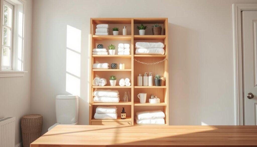 A stylish DIY bathroom storage tower made of light wood, showcasing multiple open shelves filled with neatly organized towels, toiletries, and decorative plants. The tower stands against a soft, light-colored bathroom wall, accented by a bright natural light streaming in from a nearby window, casting gentle shadows. In the foreground, a well-lit wooden countertop reflects the airy atmosphere. The scene is captured with a slight angle to highlight the verticality of the storage tower, creating a sense of elegance and organization. The overall mood is fresh and inviting, perfect for showcasing practical home décor solutions that enhance small spaces. Ensure the image is free of any text or watermarks.