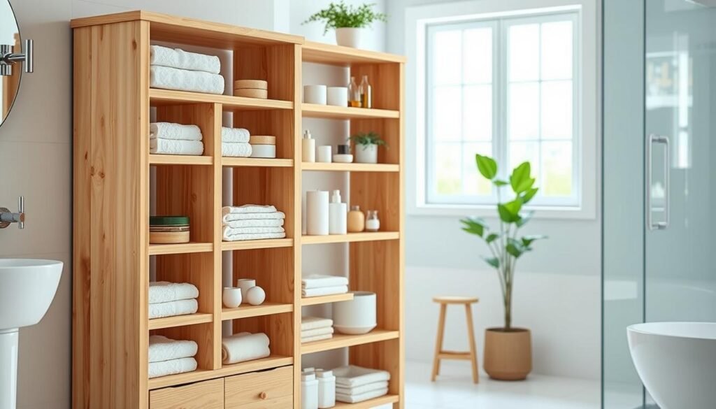 A stylish DIY wooden bathroom storage tower made from light-colored wood, showcasing multiple open and closed shelving units. The tower is filled with neatly arranged towels, toiletries, and decorative items, emphasizing organization. In the foreground, the storage tower stands against a clean white bathroom wall with elegant fixtures. In the middle background, a small potted plant adds a touch of greenery, while a bright window allows soft, natural light to illuminate the scene, creating a warm and inviting atmosphere. The angle captures the entire tower, showcasing its height and functional design, making it perfect for maximizing small bathroom spaces. The mood is calm and practical, reflecting everyday home life.