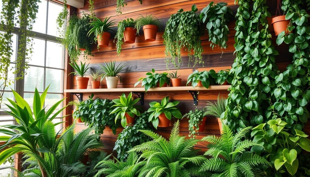 A stylish and vibrant plant wall, seamlessly integrating lush greenery into a warm wooden backdrop. In the foreground, showcase various cascading and potted plants like ferns, ivy, and succulents, artfully arranged at different heights. The middle ground features a rustic wooden wall with shelves made of reclaimed wood, adorned with planters in earthy tones. In the background, soft, diffused daylight streams in through a large window, creating an airy and inviting atmosphere. The overall mood is serene and rejuvenating, evoking a cozy natural space ideal for relaxation. Use a wide-angle lens to capture the depth and dimension of the arrangement, emphasizing the harmonious blend of wood and plants, with bright, natural lighting enhancing the scene.