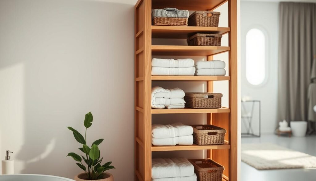 A stylish bathroom linen tower, gracefully crafted from natural wood, features shelves filled with neatly folded towels and decorative baskets. In the foreground, the linen tower stands against a serene, light-colored wall, infused with soft, natural light illuminating the wood grain and textures. The middle ground captures a small potted plant, adding a pop of greenery, while behind it, a softly blurred mirror reflects the airy atmosphere of the room. The background reveals elegant bathroom accessories, like a minimalistic soap dispenser and a plush rug, enhancing the sense of a tranquil, organized space. The mood is fresh and inviting, with bright sunlight creating a warm, welcoming ambiance, suggesting a perfect small-space solution. Shot at eye level with a soft focus, emphasizing the tower's stylish functionality.