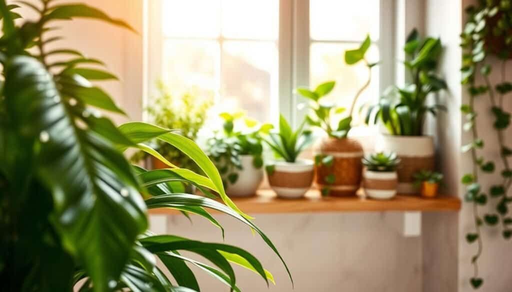 A stylish bathroom shelf filled with a variety of indoor plants, such as ferns, pothos, and succulents, arranged artfully against a soft, light-colored wall. The foreground features a close-up of lush green leaves, with droplets of water glistening from a recent misting. In the middle, a wooden shelf displays decorative pots—some ceramic, some woven—each with unique textures and designs. The background shows a softly blurred window allowing warm, natural light to flood the space, creating a serene and inviting atmosphere. The lighting is bright but filtered, accentuating the vibrant greens and adding a fresh, airy feel, perfect for a calming bathroom oasis. The overall mood is tranquil and rejuvenating.