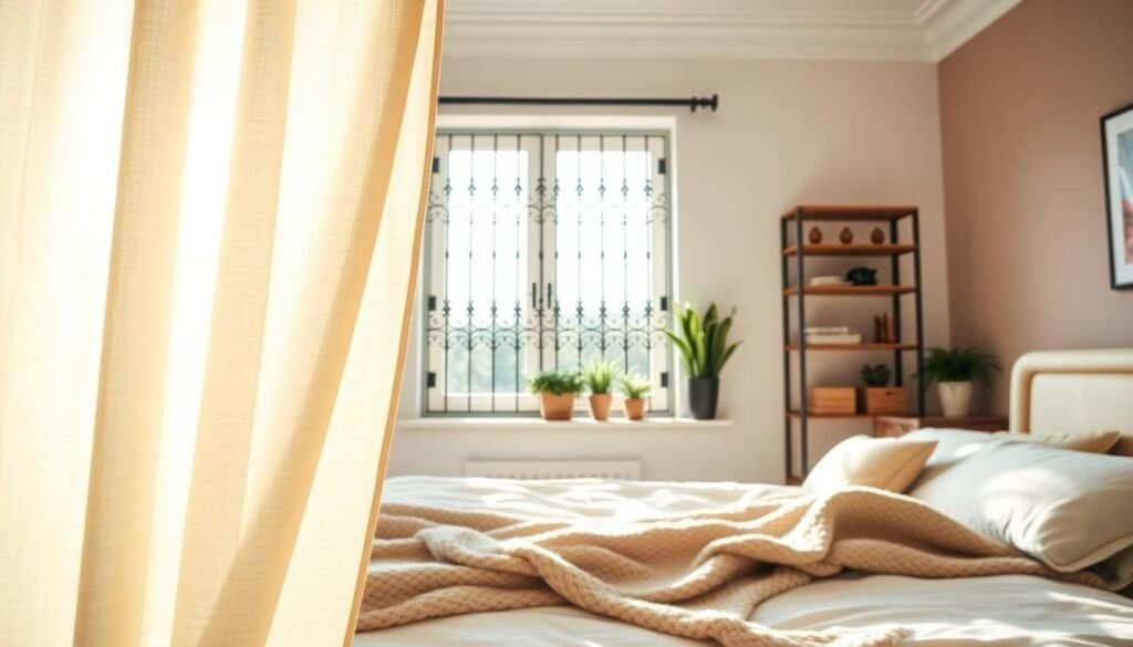 A stylish bedroom featuring a secure window with reinforced locks and a sturdy security system visible. In the foreground, a soft fabric curtain gently sways in a soft breeze, allowing bright, natural light to pour in, illuminating a cozy bed with plush pillows and a woolen throw. The middle ground showcases a secure window adorned with decorative bars that blend seamlessly with the room's aesthetic. The background includes calming wall colors and elegant home décor accents, such as potted plants and wooden shelving, creating an inviting atmosphere. The scene is captured with a warm, airy glow, using a wide-angle lens to emphasize the comfort and security of the space. The overall mood is serene, conveying a sense of safety and relaxation essential for restful sleep.