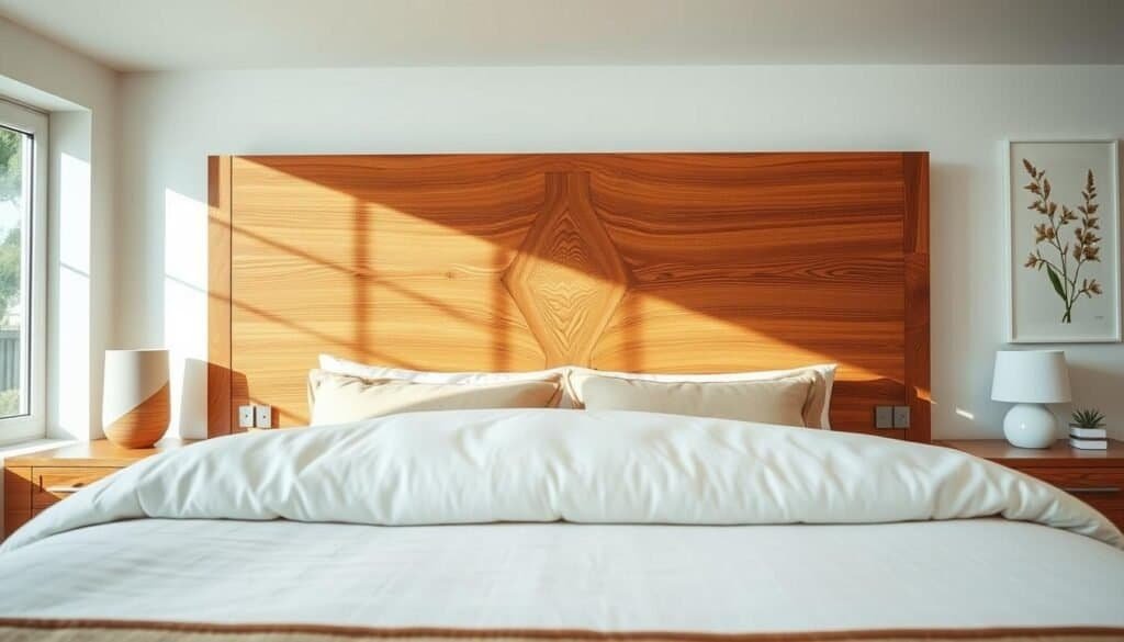 A stylish bedroom featuring a stunning wooden headboard as the focal point. The headboard, crafted from rich, natural oak wood, showcases intricate grain patterns and a smooth, polished finish. In the foreground, a plush white bedspread is neatly arranged with decorative pillows in soft earth tones. The middle ground features the beautifully designed headboard, creating an inviting and warm atmosphere. The background reveals softly lit walls adorned with subtle botanical prints, enhancing the serene ambiance. Natural light streams in through large windows, casting gentle shadows and illuminating the wood’s texture. Capture this scene with a bright, airy feel, using a soft-focus lens to enhance the cozy, tranquil mood.
