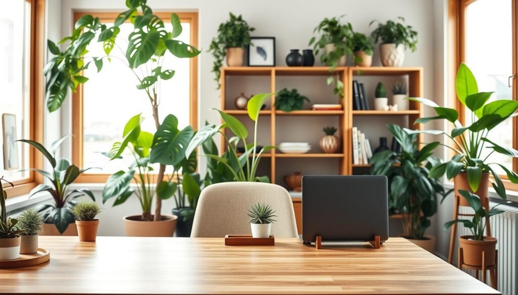 A stylish home office featuring an inviting blend of greenery and wooden elements. In the foreground, a sleek wooden desk with a minimalist design is accessorized with small potted plants and a wooden laptop stand. In the middle, lush indoor plants like a fiddle leaf fig and spider plants add vibrant greenery, while a wooden shelving unit displays decorative items and books. The background showcases a large window allowing bright natural light to pour in, illuminating the space with soft sunlight, creating an airy atmosphere. The scene captures a sense of tranquility and balance, emphasizing nature's integration into a modern workspace. The composition should be photographed from a slightly elevated angle to emphasize depth and warmth, evoking a productive and harmonious mood.