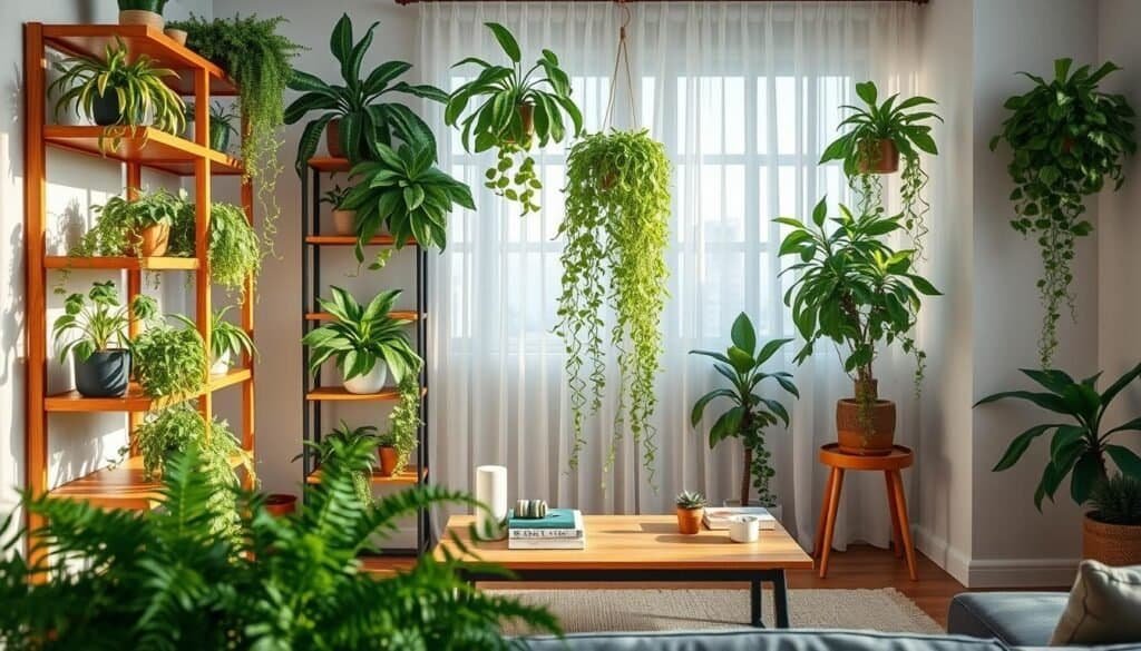 A stylish indoor plant shelving arrangement set in a cozy living space. In the foreground, vibrant green plants inhabit wooden shelves of varying heights, showcasing an assortment of lush ferns, snake plants, and trailing ivy. The middle ground features a simple, modern wooden coffee table with a few decorative books and a small succulent. The background highlights a softly lit window with sheer curtains, allowing bright natural light to spill into the room, creating a warm and inviting atmosphere. The scene captures an airy feel, with light shadows dancing across the walls. Use a soft focus lens effect to enhance the tranquility of the space and emphasize the natural beauty of the greenery. The mood is serene and refreshing, perfect for inspiring vertical plant display ideas.