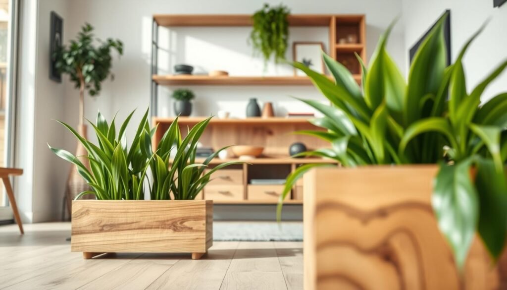 A stylish indoor scene showcasing sustainable wood accents in a modern home. In the foreground, a beautifully crafted sustainable wooden planter holds vibrant green plants, highlighting eco-friendly materials. The middle layer features a sleek, natural wood shelf showcasing various decorative items, further emphasizing the theme of sustainability. The background reveals a soft-lit window, allowing bright, natural light to spill into the room, creating an airy atmosphere. Capture the intricate grain patterns of the wood with close-up detail, while using a wide-angle lens to portray the spaciousness of the area. The overall mood should feel warm and inviting, capturing the essence of eco-conscious design and connection to nature. Avoid any text or overlays for a clean presentation.