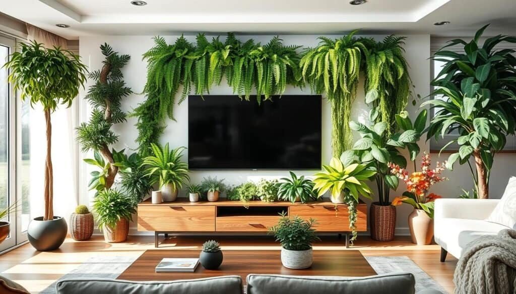 A stylish living room featuring a modern TV wall prominently integrated with a lush arrangement of various indoor plants. In the foreground, a sleek wooden media console adorned with decorative items and a couple of small potted plants creates a harmonious balance. In the middle ground, the wall is fitted with a large flat-screen TV, surrounded by vibrant green ferns, cascading pothos, and colorful flowering plants, all positioned strategically to enhance the space’s natural ambiance. In the background, bright natural light filters through large windows, casting soft sunlight that illuminates the scene. The atmosphere is airy and inviting, perfect for a sense of calm and balance. The image captures a serene and cohesive home décor style, emphasizing the beauty of nature intertwined with modern living spaces.