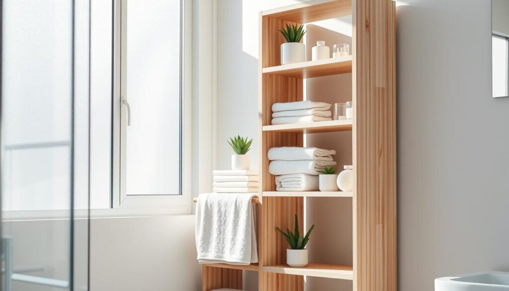 A stylish, modern bathroom storage tower made of light-colored wood, standing tall against a softly lit, airy bathroom backdrop. The tower features multiple open and closed shelves, neatly holding various bathroom essentials like towels, toiletries, and decorative plants. A bright natural light filters in through a frosted window, casting gentle shadows that enhance the textures of the wood. In the foreground, a plush towel drapes elegantly over one shelf, while a small potted succulent adds a touch of greenery to the scene. The overall atmosphere is calm and organized, embodying a sense of efficiency and tranquility in small space living. The image is shot from a slight low angle to emphasize the height of the storage tower, capturing its sleek design and functionality.
