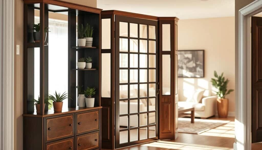 A stylish room divider elegantly separates an entryway from a cozy living room. In the foreground, the divider features intricate woodwork with a combination of open shelving and solid panels, adorned with potted plants and decorative objects. The middle ground captures a warm, inviting living room, with a plush sofa and soft throw pillows, bathed in bright natural light streaming through a nearby window. The background showcases a pastel-hued wall that complements the decor, enhancing the sense of tranquility. The scene is illuminated by soft sunlight, creating an airy atmosphere that feels both welcoming and complete, with rich textures and harmonious colors. The image is composed with a favorable angle that highlights the room divider's design and its functional beauty in the home space.