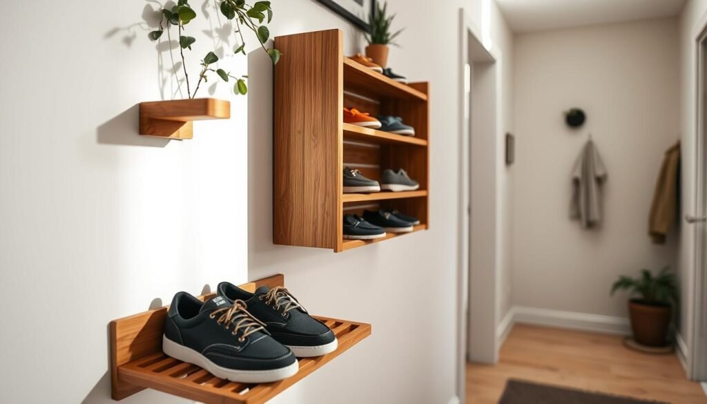 A stylish wall-mounted wooden shoe rack elegantly displayed in a cozy entryway. The rack features a rich oak finish, showcasing slatted shelves organized with various stylish shoes. In the foreground, a pair of chic sneakers and polished loafers sit harmoniously on the lower shelf. In the middle ground, the shoe rack is mounted against a light, neutral wall adorned with simple greenery complements. Soft, natural light streams through a nearby window, casting gentle shadows and highlighting the wood's texture. The background reveals a welcoming hallway with light-colored flooring and a small coat hanger, creating an inviting atmosphere. The angle is a slightly elevated perspective, focusing on the shoe rack to emphasize its practical organization and aesthetic charm.