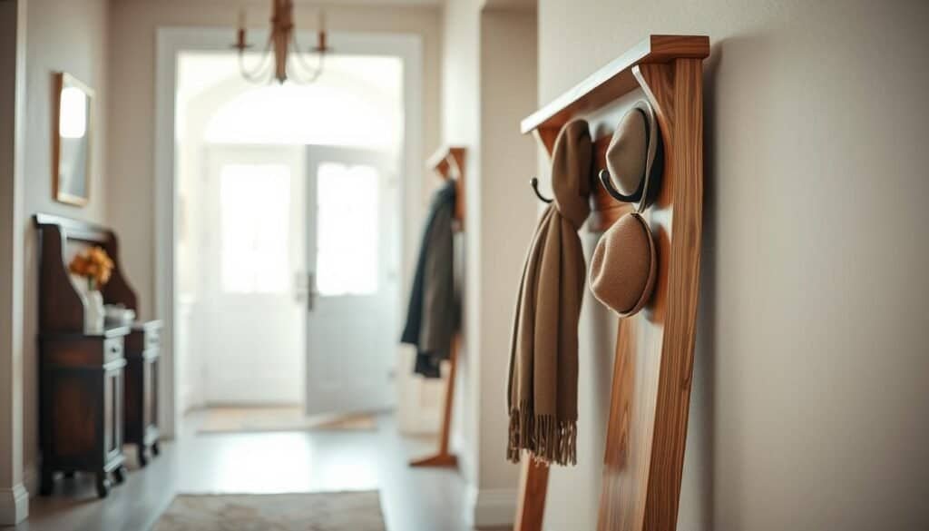 A stylish wooden coat rack stands prominently in a beautifully designed entryway, showcasing its rich, natural grain and warm tones. In the foreground, the rack features artistic hooks and shelves adorned with cozy scarves and a few stylish hats. The middle ground includes a subtly textured wall, painted in soft neutral colors, enhancing the wooden elements. In the background, a glimpse of a well-lit environment through a doorway illuminates the space with soft sunlight, creating an inviting atmosphere. The entire scene is captured from a slightly elevated angle, emphasizing the harmony of design and functionality. The mood is warm and welcoming, perfect for a home entrance. The composition focuses on the beauty of simple wooden touches, evoking a sense of comfort and style in everyday life.