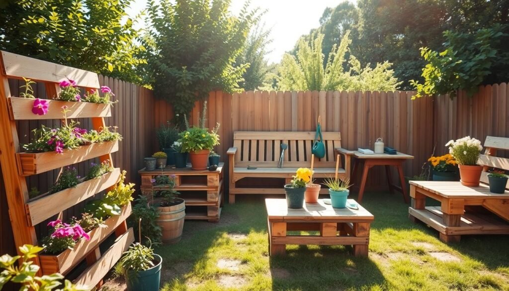 A sunny backyard scene showcasing creative wooden pallet garden ideas, with a well-structured arrangement of vertical and horizontal pallet planters filled with vibrant flowers and herbs in the foreground. In the middle ground, a rustic wooden bench and a small table made from repurposed pallets invite relaxation, adorned with flowerpots and gardening tools. The background features lush greenery and a wooden fence, bathed in bright, natural light that enhances the inviting atmosphere. The image captures the warm, soft sunlight, creating an airy feel. Photography perspective is slightly elevated, emphasizing the details of the wooden structures and plants, encouraging a cozy, tranquil outdoor experience suitable for spending time surrounded by nature.