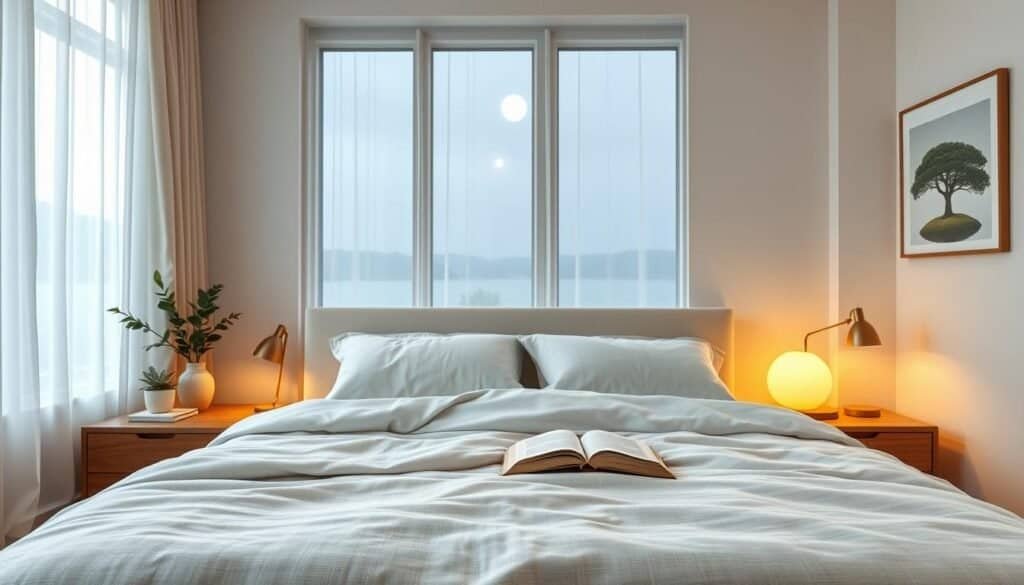 A tranquil bedroom scene designed for serenity and peace at night. In the foreground, a neatly made bed with soft, neutral linens and plush pillows, flanked by calming bedside lamps emitting a warm, golden glow. The middle ground features a wooden nightstand adorned with a small potted plant and a book, inviting a sense of relaxation. In the background, large windows are covered with sheer curtains, allowing gentle moonlight to filter in softly. The walls are painted a calming pastel color, complemented by minimalistic artwork that evokes tranquility. The overall atmosphere is quiet and soothing, implying a space designed for restful sleep and peaceful thoughts, captured in bright natural light with soft daylight tones, using a slightly elevated angle to create a cozy, encompassing feel.