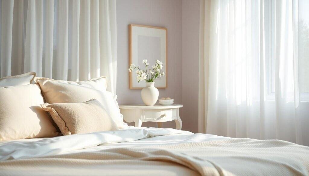 A tranquil bedroom setting illuminated by soft, natural light filtering through sheer curtains. The foreground features a plush, light-colored bed with a cozy arrange of pastel-hued pillows and a textured throw blanket, creating an inviting atmosphere. In the middle, a gracefully styled nightstand holds a delicate ceramic vase with fresh white flowers, adding a touch of life and serenity. The background showcases soft-colored walls, perhaps in shades of pale blue or gentle lavender, complemented by minimalist artwork that evokes calmness. The overall mood is serene and soothing, emphasizing a peaceful retreat ideal for restful sleep. The scene is captured with a warm, inviting lens angle that enhances the sense of openness and comfort, showcasing harmonious color psychology.