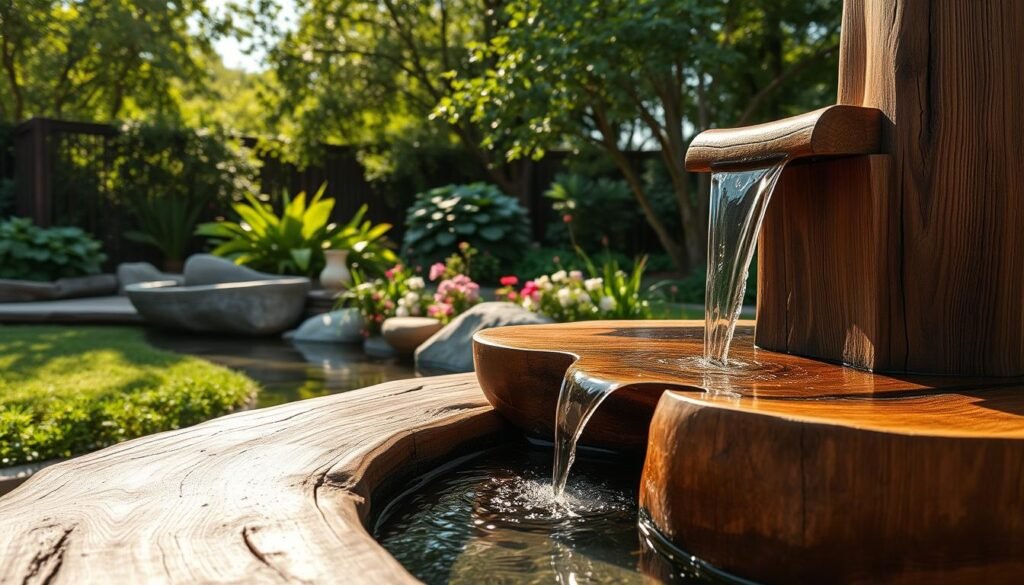 A tranquil garden scene featuring elegant wooden water features, such as a small pond with a rustic wooden fountain. In the foreground, rich textures of weathered wood are highlighted, with water gently cascading over smooth wooden elements, creating a soothing sound. The middle ground showcases lush greenery and colorful flowers surrounding the pond, harmonizing with the natural materials. In the background, soft sunlight filters through flourishing trees, casting dappled light across the scene, enhancing the serene atmosphere. The image is captured from a slightly elevated angle to emphasize the interaction between the wooden features and the surrounding natural beauty, evoking a sense of calm and organic beauty in an outdoor space.