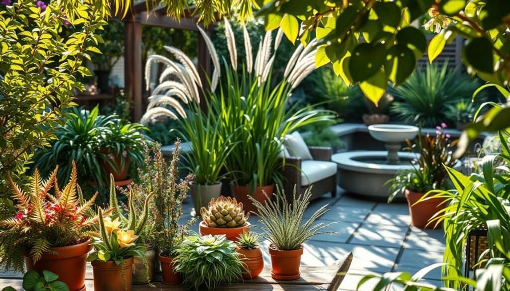 A tranquil outdoor sanctuary filled with lush plants and greenery, designed to evoke calmness and engage the senses. In the foreground, a variety of vibrant potted plants, such as ferns, succulents, and flowering herbs, arranged artfully on a rustic wooden table. The middle ground features a cozy seating area with comfortable cushions on a private patio, surrounded by tall ornamental grasses swaying gently in the soft sunlight. The background includes a serene garden with a calming water feature, reflecting bright blue skies. The scene is illuminated by warm, natural light filtering through the leaves, creating dappled shadows and adding a peaceful, inviting ambiance. Capture the beauty from a slightly elevated angle to showcase depth and detail, emphasizing the harmony of nature in this outdoor space.