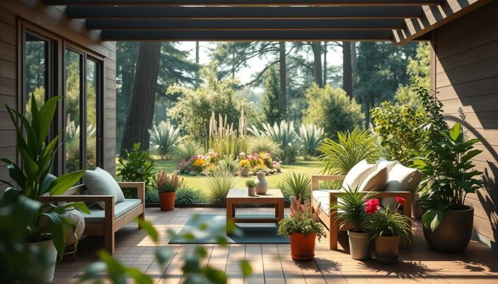 A tranquil outdoor space featuring a wooden deck adorned with minimalist furniture and lush greenery. In the foreground, a cozy seating area with comfortable cushions and a small coffee table, surrounded by vibrant potted plants. The middle ground reveals a beautifully landscaped garden with blooming flowers and gently swaying grasses, creating a sense of harmony. In the background, soft sunlight filters through tall trees, casting dappled shadows on the ground. The atmosphere is serene and inviting, evoking a connection between indoor comfort and outdoor peace. Use natural colors with an emphasis on greens and earth tones. Capture the scene with soft, warm lighting, and an angle that provides depth, as if inviting the viewer to step into this serene sanctuary.
