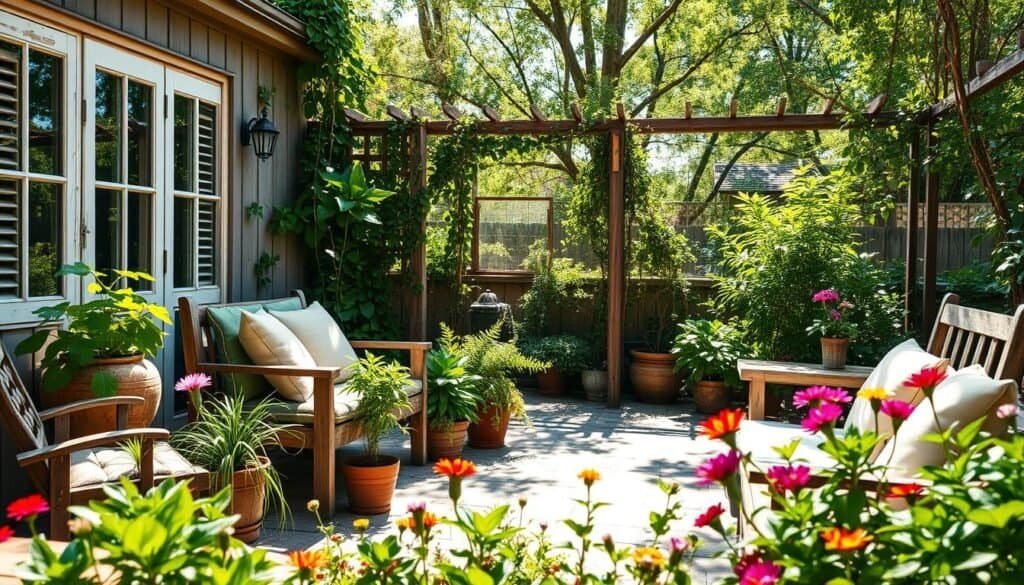 A tranquil outdoor space that showcases rejuvenation, featuring a neglected garden gradually returning to life. In the foreground, vibrant green plants and colorful flowers spark joy, standing out against rustic wooden furniture adorned with soft cushions. The middle ground reveals a weathered patio with climbing vines crawling up an old trellis, hinting at the previous neglect yet now showing signs of flourishing life. In the background, sun-soaked trees filter soft sunlight, creating a warm and inviting atmosphere. A gentle breeze rustles the leaves, completing the serene scene. Capture this moment from a slightly elevated angle, emphasizing the transformation from forgotten to revitalized. The lighting should be bright and natural, evoking a sense of hope and renewal in the space.
