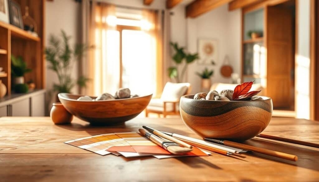 A vibrant and harmonious color theory palette showcasing warm tones like soft oranges, inviting yellows, and muted reds, arranged artistically on a wooden table. In the foreground, paint swatches and brushes rest beside a beautifully crafted wooden bowl filled with natural materials, such as stones and leaves, symbolizing organic design. The middle ground features a sunlit window with sheer curtains that diffuse the soft sunlight, casting gentle shadows around the scene. In the background, a tastefully designed modern interior with natural wood elements and greenery provides a soothing atmosphere. The mood is warm and inviting, emphasizing comfort and the beauty of natural color palettes. The composition should be captured with a wide-angle lens to provide depth, ensuring a well-lit and airy environment.