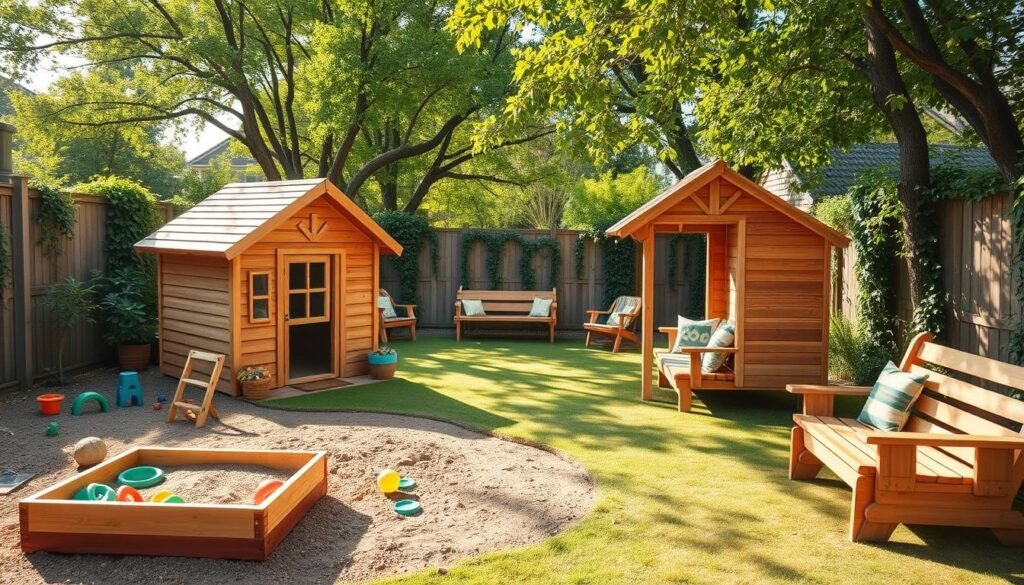 A vibrant and inviting kid-friendly backyard design featuring a wooden playhouse made of natural materials, positioned prominently in the foreground. Surrounding the playhouse, there is a sandbox, colorful outdoor toys, and a small climbing structure, all crafted from durable wood. In the middle ground, a cozy seating area with wooden benches and cushions invites relaxation, under the shade of leafy trees. In the background, a well-maintained lawn and a fence adorned with climbing plants create a welcoming atmosphere. The scene is bathed in soft, warm sunlight, highlighting the textures of the wood and the greenery, capturing a playful yet serene mood. The image is composed at an eye-level angle, emphasizing the usability and charm of the space for children and families.