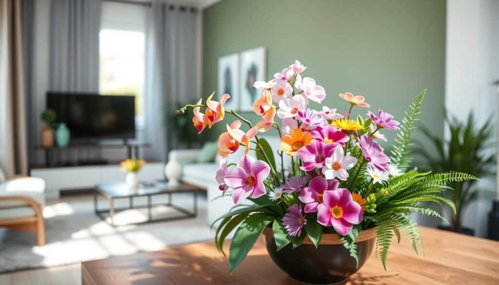 A vibrant arrangement of colorful flowering plants, including bright orchids, delicate daisies, and lush ferns, positioned in a stylish pot on a wooden table. In the foreground, soft sunlight filters through a nearby window, casting gentle shadows that enhance the textures and colors of the petals. The mid-ground features a neatly arranged living room with minimalist décor, accented by a monochrome color palette of soft grays and whites, allowing the flowers to pop. In the background, a muted green wall complements the scene with a touch of warmth. The mood is fresh and uplifting, evoking a sense of tranquility and joy, perfect for illustrating how these plants can transform a space. The lighting is bright yet soft, creating an airy atmosphere that emphasizes the beauty of nature.