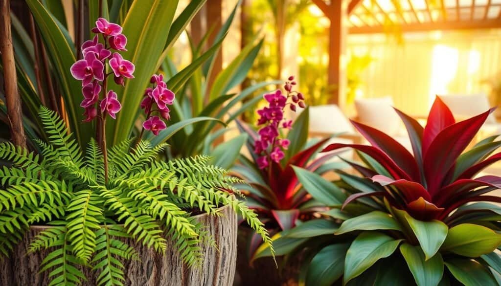 A vibrant arrangement of colorful plants in a serene outdoor corner, featuring lush green ferns, bright flowering orchids, and striking tropical leaves. In the foreground, large, variegated leaves gently drape over a textured wooden planter, showcasing details in the bark and soil. The middle ground includes taller plants with bold colors like deep purples and fiery reds, contrasting against the greenery. In the background, a soft-focus of a sunlit patio with pastel cushions and light wooden furniture creates a tranquil atmosphere. The scene is bathed in warm, diffused sunlight, enhancing the colors and casting soft shadows. The mood is refreshing and inviting, perfect for a peaceful retreat with nature.