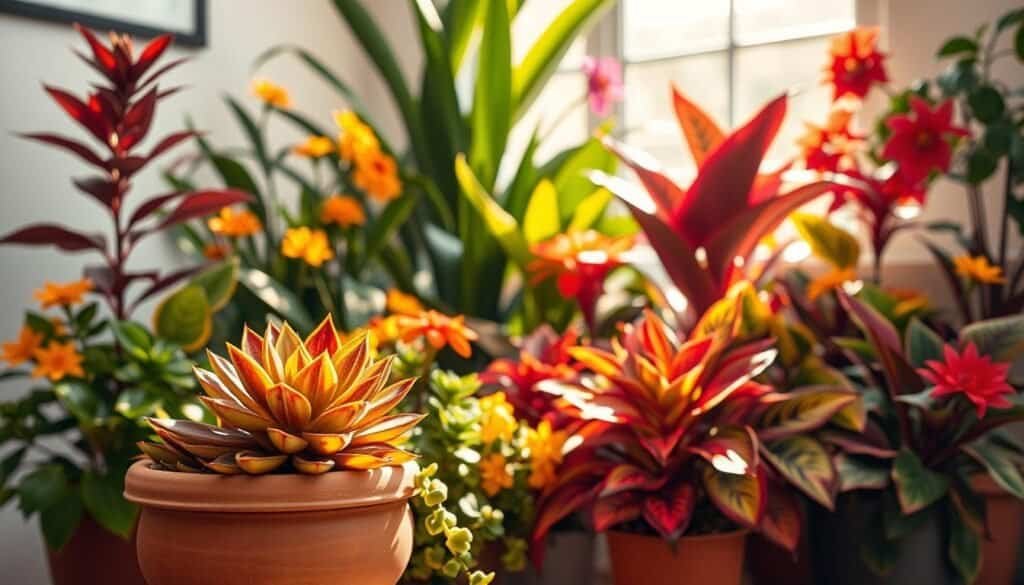 A vibrant collection of colorful plants arranged in a cozy indoor space, featuring a striking variety of foliage including deep burgundy and bright yellow leaves, alongside cheerful flowers in shades of red, orange, and purple. In the foreground, an elegant terracotta pot holds a lush, multicolored succulent, while a cluster of tropical plants with large vividly patterned leaves fill the middle ground. The background includes a softly blurred window that allows warm, natural sunlight to pour into the room, casting gentle shadows and highlighting the lush greenery. The overall atmosphere is bright and inviting, evoking a sense of tranquility and cheerfulness that contrasts sharply with a bland environment. The scene is captured with a shallow depth of field, creating a soft bokeh effect that emphasizes the plants’ vivid colors and textures.
