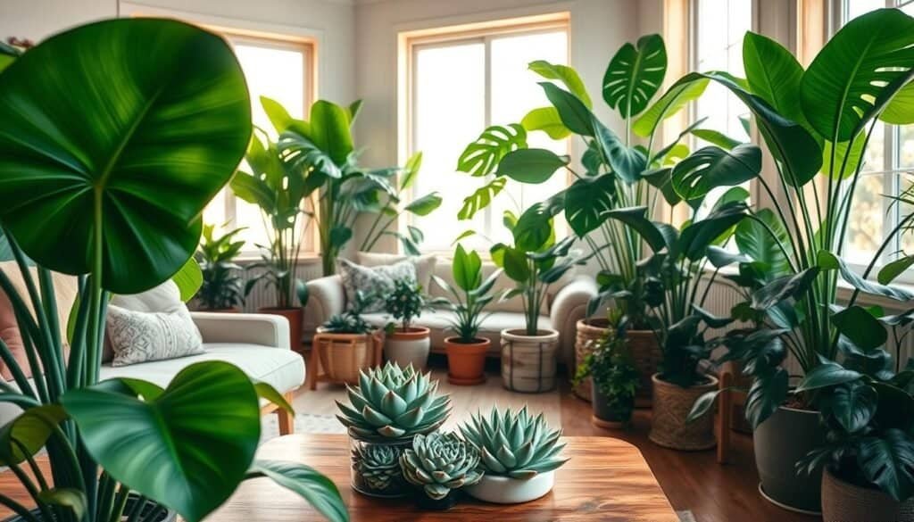 A vibrant indoor scene showcasing a variety of lush plant communities in a cozy living space. In the foreground, a tall, leafy fiddle leaf fig and a cluster of succulents sit on a wooden coffee table. In the middle ground, a cozy reading nook with large, green potted plants like monstera and peace lilies, creating a serene atmosphere. In the background, large windows with soft sunlight streaming in, illuminating the space and casting gentle shadows. The furnishings reflect modern home décor with warm wooden accents and airy textiles. The mood is inviting and tranquil, perfect for promoting connections among people in a shared environment. The scene is captured from a slightly elevated angle, emphasizing the layers of greenery and light, evoking a sense of calm and togetherness.
