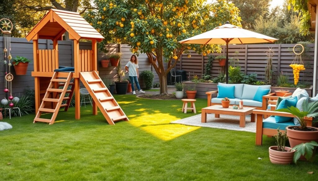 A vibrant, kid-friendly backyard design, featuring a lush green lawn and colorful play areas. In the foreground, a wooden playset with a slide and climbing structure, surrounded by soft grass and playful garden decorations like wind chimes and flower pots. The middle section showcases a cozy seating area with modern, weather-resistant furniture, adorned with bright cushions and a shaded umbrella. In the background, a fruit tree and a small vegetable garden, creating a sense of connection to nature. The scene is bathed in soft, warm sunlight, giving an inviting and relaxed atmosphere. The perspective should be slightly elevated, captured with a wide-angle lens to encompass the entire backyard. No people present; focus solely on the design elements.