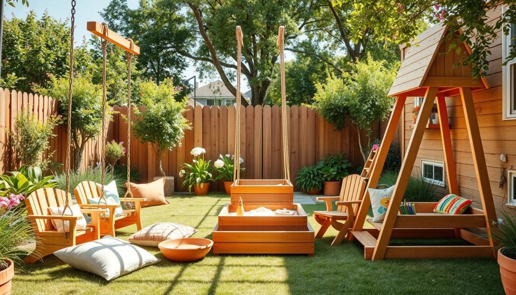 A vibrant, kid-friendly backyard design showcasing a wooden corner. In the foreground, a handmade wooden playset with swings and a slide, surrounded by soft cushions and plush toys. The middle ground features a small wooden sandbox and a cozy seating area with child-sized chairs and a table, adorned with colorful art supplies. In the background, lush greenery, blooming flowers, and a wooden fence create a secure, inviting atmosphere. The scene is illuminated by bright, natural sunlight, giving a warm, cheerful vibe. The perspective captures a wide angle to emphasize the playful elements while maintaining a sense of openness. Overall, the image embodies a safe, welcoming outdoor space for children and pets to enjoy.