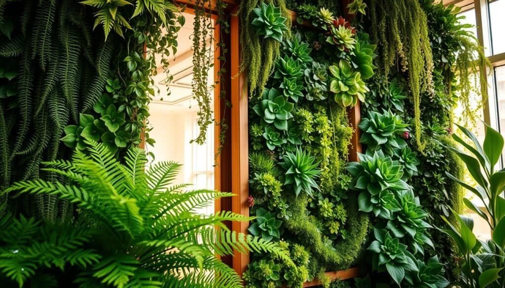 A vibrant living wall filled with lush greenery, showcasing a variety of plants including ferns, succulents, and flowering vines, creating a striking natural statement. In the foreground, intricate details of the plant textures are visible, with droplets of water reflecting soft sunlight. The middle layer features the wall itself, constructed from natural wood frames, organized in an artistic, geometric layout. In the background, a bright, airy room is revealed, flooded with warm, natural light filtering through large windows, enhancing the serene atmosphere. The scene conveys a sense of tranquility and freshness, inviting viewers to envision the calming effect of greenery in their space. Soft shadows play across the wall, adding depth and dimension.