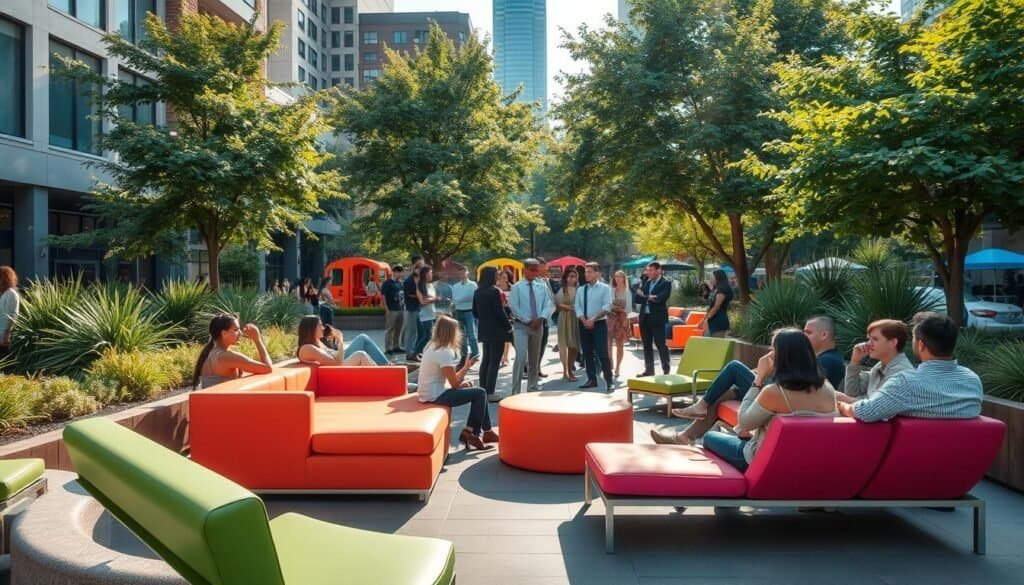 A vibrant urban public space transformed into a cozy gathering spot. In the foreground, a variety of comfortable seating options—brightly colored benches and lounge chairs—invite people to relax. In the middle ground, diverse groups of individuals, dressed in smart casual attire, engage in conversation and enjoy the atmosphere, surrounded by greenery and playful art installations. The background features a mix of modern architecture and lush trees, with sunlight filtering through the leaves, creating a warm, inviting glow. Soft shadows enhance the sense of depth, while a gentle breeze suggests movement, evoking feelings of comfort and community. The overall mood is cheerful and inspiring, emphasizing the importance of creating places that foster enjoyment and connection.