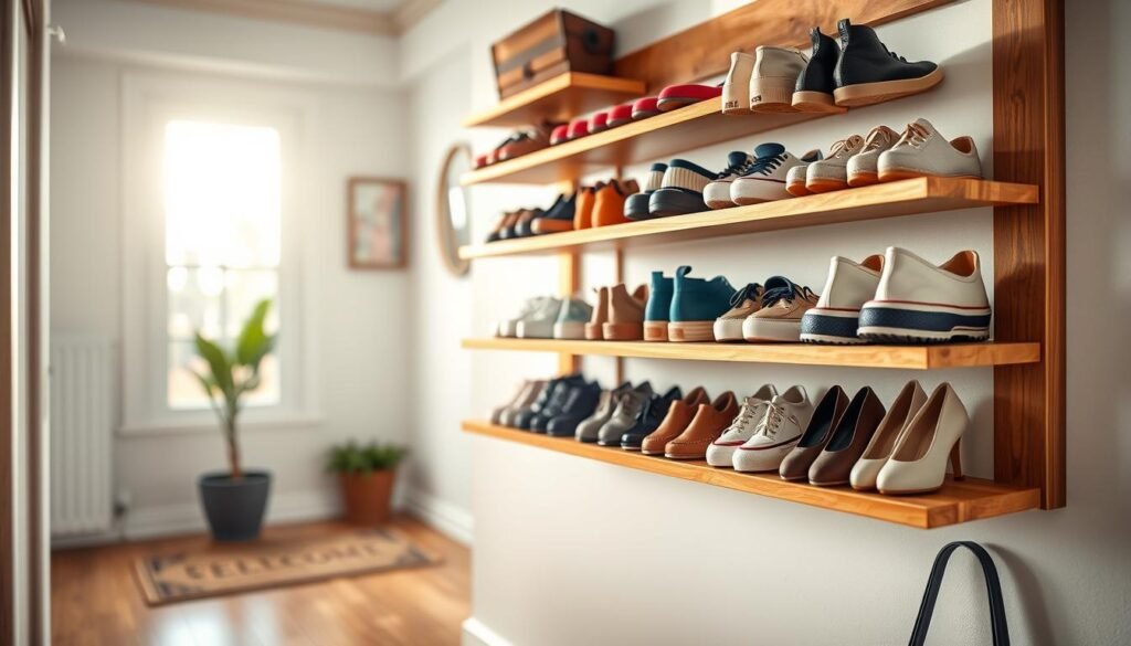 A wall-mounted shoe rack made of natural wood, featuring a modern design with multiple shelves showcasing an array of stylish shoes in various colors. The foreground captures a close-up of the rack filled with neatly arranged shoes, emphasizing organization and tidiness. In the middle ground, the entryway is gently illuminated by bright, soft sunlight filtering through a nearby window, enhancing the warm tones of the wood. The background reveals a cozy entryway with a welcoming mat and a hint of greenery from a potted plant. The overall mood is serene and inviting, highlighting functionality and aesthetics in home décor. The image should be vibrant, with a well-balanced, professional composition.