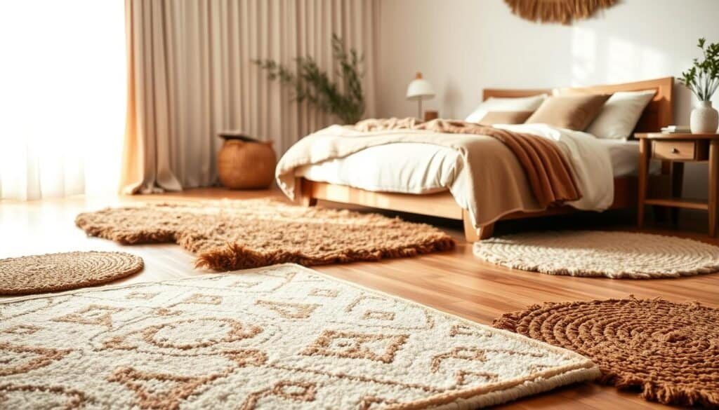 A warm and inviting bedroom scene featuring a variety of cozy floor coverings. In the foreground, a plush, neutral-toned area rug with intricate patterns lies softly on a polished wooden floor. Scattered around are smaller, textured accent rugs in rich earthy tones. The middle ground showcases a beautifully made bed adorned with soft, layered blankets and fluffy pillows. In the background, airy curtains gently flutter, allowing bright, natural sunlight to filter in, illuminating the inviting atmosphere. The overall mood is serene and comforting, ideal for a relaxed space. Capture this scene with a slightly elevated perspective, using soft focus to enhance the warmth and coziness of the setting.