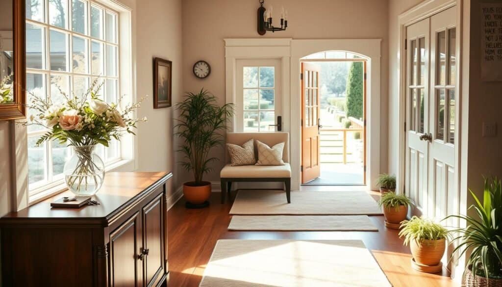 A warm and inviting entryway design, featuring a spacious, well-lit area filled with natural light and soft sunlight streaming through a large window. In the foreground, an elegant wooden console table adorned with a stylish vase of fresh flowers and a set of keys set casually atop it. In the middle ground, a plush area rug in soft, warm tones, leading up to a comfortable bench with decorative cushions. Potted plants in various sizes add a touch of greenery and life. The background continues into a welcoming open door, leading to a beautifully landscaped path. The overall atmosphere is cozy and serene, evoking a sense of home and warmth, with a wide-angle view to capture the inviting space and details of the décor.