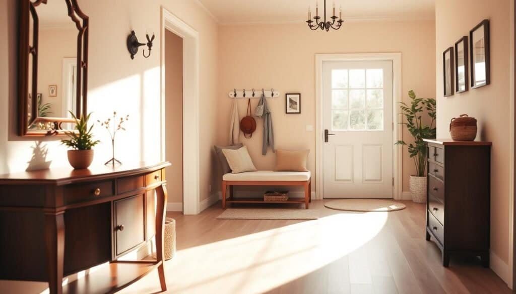A warm and inviting entryway featuring a cozy atmosphere that welcomes guests. In the foreground, a stylish wooden console table adorned with a small potted plant and an elegant mirror. The middle ground showcases a comfortable bench with plush cushions, flanked by decorative coat hooks on a soft, pastel-colored wall. A neutral area rug adds texture to the space, while a few framed art pieces enhance the aesthetics. In the background, a bright, airy window allows soft natural light to fill the room, casting gentle shadows. The decor uses warm tones, evoking a sense of comfort, tranquility, and home. The scene is captured with a wide-angle lens, emphasizing the spaciousness, and the soft sunlight creates an inviting glow throughout the entryway.