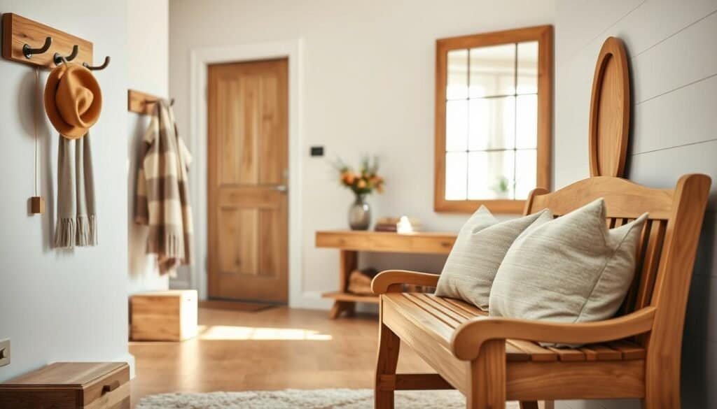 A warm and inviting entryway featuring natural wood decor elements. In the foreground, a beautifully crafted wooden bench with soft, textured throw pillows. To the left, a wooden coat rack adorned with rustic hooks holding a cozy scarf and hat. The middle of the image showcases a natural wood table with a vase of fresh flowers and a few artfully arranged books. The background reveals a light-colored wall with subtle wood paneling and a large mirror reflecting soft, natural sunlight coming through a nearby window, creating an airy atmosphere. Use a shallow depth of field to highlight the decor elements while softly blurring the background. The overall mood is welcoming and serene, emphasizing the power of wood in creating a harmonious entryway. Soft, bright natural light enhances the warmth and texture of the wood.