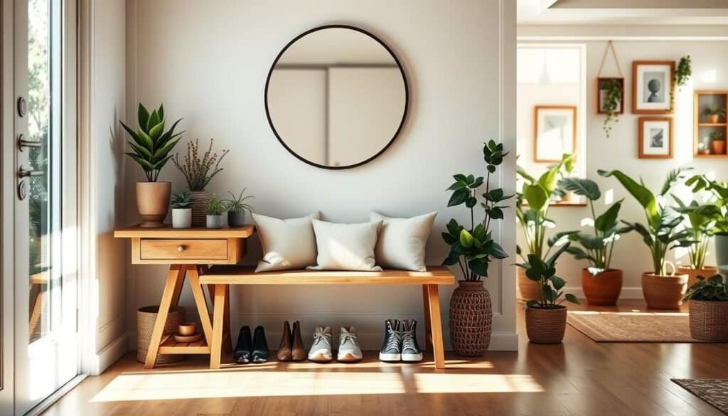 A warm and inviting home entryway featuring a blend of rustic and modern elements. In the foreground, a stylish, wooden console table adorned with plants and decorative items. The middle section showcases a cozy bench with soft cushions and a couple of pairs of neatly arranged shoes beneath. On the wall, a large round mirror reflects soft natural light flooding in from a nearby window. In the background, a bright, airy space filled with houseplants and framed artwork, creating a sense of completion and comfort. The lighting is bright yet gentle, casting soft shadows that enhance the welcoming atmosphere. Capture this scene from a slightly elevated angle to showcase both the entryway's decor and its inviting ambiance. The mood should be serene and homey, emphasizing warmth and personalization.