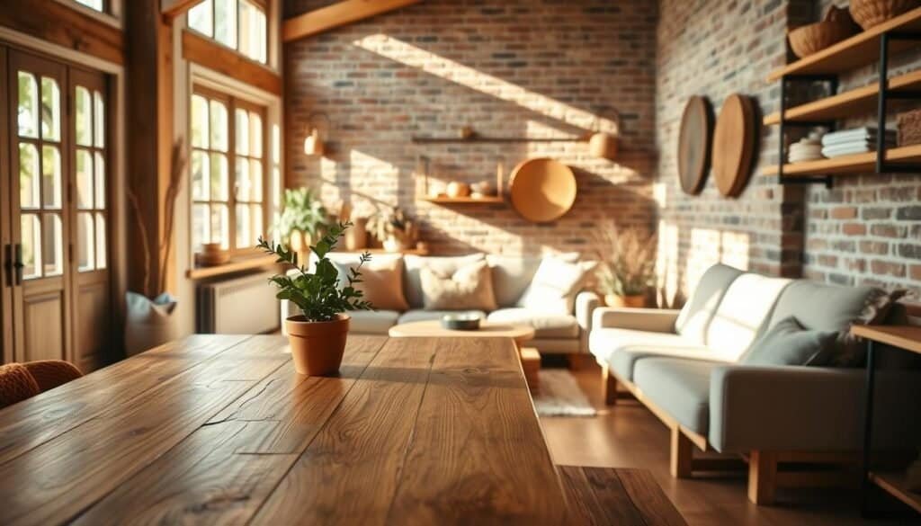 A warm and inviting interior space showcasing the beauty of natural materials in design. In the foreground, a beautifully crafted wooden dining table made of reclaimed oak, adorned with a simple green plant in a terracotta pot. The middle ground features a cozy sitting area with a soft beige sofa, accented by a woolen throw and cushions made from organic fabrics. Large windows allow bright, filtered sunlight to pour in, casting gentle shadows and highlighting the natural grain of the wood. In the background, a wall of exposed brick complements a combination of handcrafted wood shelves and woven baskets. The atmosphere feels tranquil and harmonious, emphasizing the calming effects of nature indoors. The overall mood is airy and serene, captured in high resolution with soft, natural lighting.
