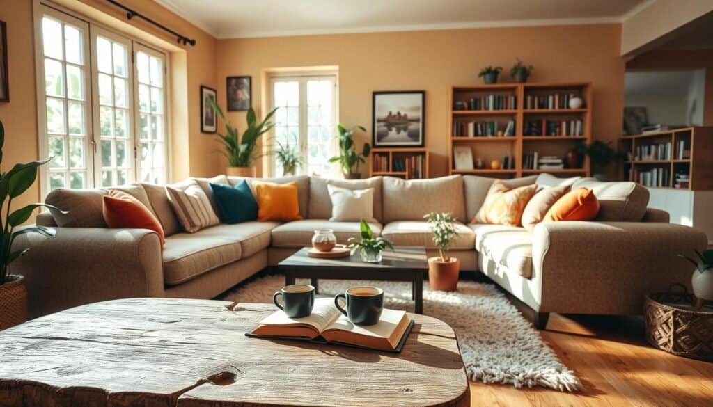 A warm and inviting living room featuring a cozy corner sofa, upholstered in soft, textured fabric, adorned with colorful throw pillows. In the foreground, a rustic coffee table with a steaming mug and an open book sets a homey scene. The middle of the room includes a plush area rug, adding warmth to the wooden floor, while a few potted plants bring life and color. In the background, large windows let in bright natural light, casting soft sunlight across the space, enhancing the airy atmosphere. The walls are painted in warm, neutral tones, complemented by tasteful artwork and shelves filled with books. The overall mood is inviting and relaxing, perfect for gatherings with friends and family.