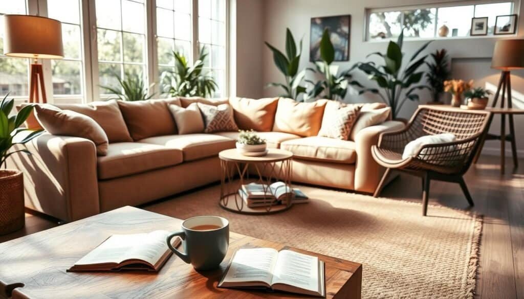 A warm and inviting living room showcasing comfortable design elements, featuring a plush sectional sofa in soft earth tones, adorned with cozy throw pillows. In the foreground, a beautifully crafted wooden coffee table holds a steaming mug and an open book. The middle ground displays a stylish accent chair next to a woven rug, while indoor plants add a touch of nature. The background includes large windows allowing bright, natural sunlight to flood the space, casting soft shadows across the room. The atmosphere is serene and welcoming, highlighted by warm lighting from modern lamps. Capture this scene from a slightly elevated angle to emphasize the layout, creating a feeling of openness and tranquility.