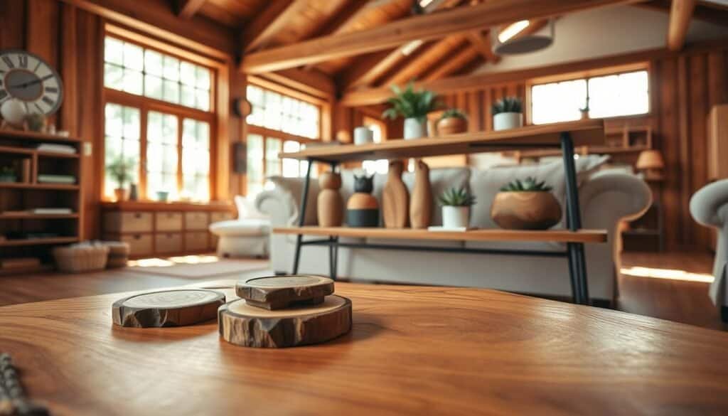 A warm and inviting living space featuring handcrafted wood home decor, showcasing a beautifully crafted wooden coffee table with intricate carvings in the foreground, surrounded by a couple of handmade wooden coasters. In the middle, a stylish wooden shelf displays artisanal wood figurines and potted succulents, adding character and warmth. The background reveals a softly lit room with light streaming through large windows, illuminating rich wooden beams and warm hardwood flooring. The atmosphere feels cozy and welcoming, evoking a sense of craft and home. The lighting is bright and natural, with soft sunlight filtering through, creating gentle shadows and highlights that enhance the textures of the wood. Captured in a wide-angle perspective to encompass the charm of the space.